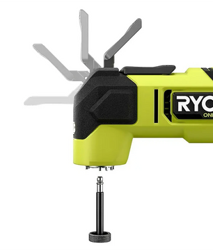 Das Ryobi ONE+HP Akku-Multifunktionswerkzeug RMT18X-0 von Ryobi mit bürstenlosem Motor und Oszillierender-Multi-Tool-Klinge ist in verschiedenen Positionen zu sehen.