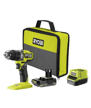 Ryobi ONE+ RPD18C1-1C20G – grüner Akku-Schlagbohrschrauber mit Akku, Ladegerät und Koffer.