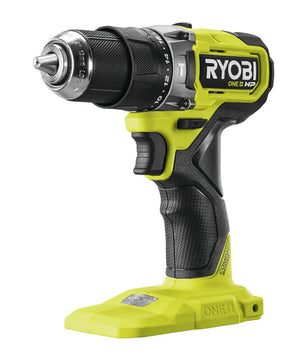 Der RYOBI ONE+ RPD18C1-1C20G Schlagbohrschrauber in Grün von Ryobi verfügt über einen bürstenlosen Motor und wird mit 18 V betrieben, was für eine effiziente Leistung sorgt. Das Modell hat einen schwarzen Griff, ein ONE+ HP-Logo und wird ohne Akku geliefert.