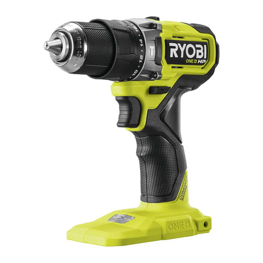 Der RYOBI ONE+ RPD18C1-1C20G Schlagbohrschrauber in Grün von Ryobi verfügt über einen bürstenlosen Motor und wird mit 18 V betrieben, was für eine effiziente Leistung sorgt. Das Modell hat einen schwarzen Griff, ein ONE+ HP-Logo und wird ohne Akku geliefert.