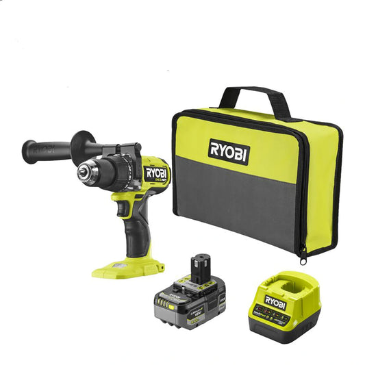 Ryobi ONE+ RPD18X1-1C50S Schlagbohrschrauber-Set in Grün mit bürstenlosem Motor, Akku, Ladegerät, Zusatzgriff und Transportkoffer.