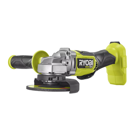 Ryobi RAG18X125 Akku-Winkelschleifer in grün von Ryobi mit Seitengriff, präsentiert vor weißem Hintergrund.