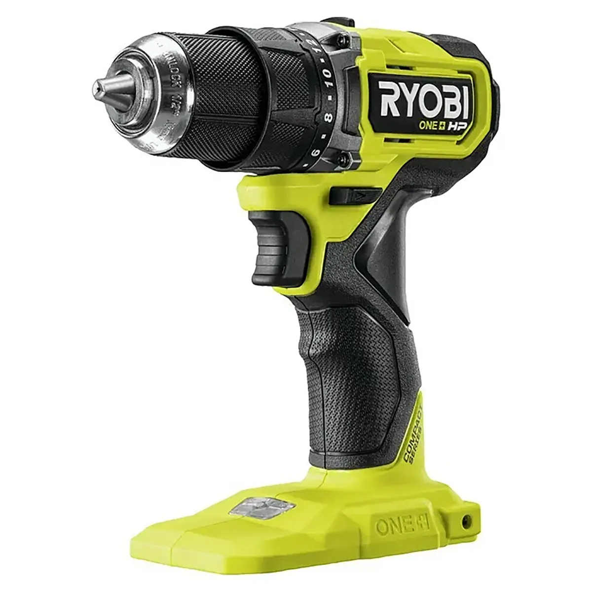 Ein grüner RYOBI 18V ONE+ HP Compact RDD18C1-0 C Akku-Bohrschrauber mit Schnellspannfutter, ergonomischem Griff und dem innovativen ONE+ HP Compact-Design.