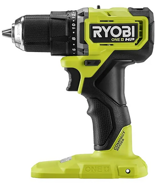 Ein grüner RYOBI 18V ONE+ HP Compact RDD18C1-0 C Akku-Bohrschrauber mit sichtbarem Griff und Bohrfutter, von der Seite gesehen. Dieses Modell von Ryobi verfügt über einen bürstenlosen Motor für optimale Leistung und Langlebigkeit.