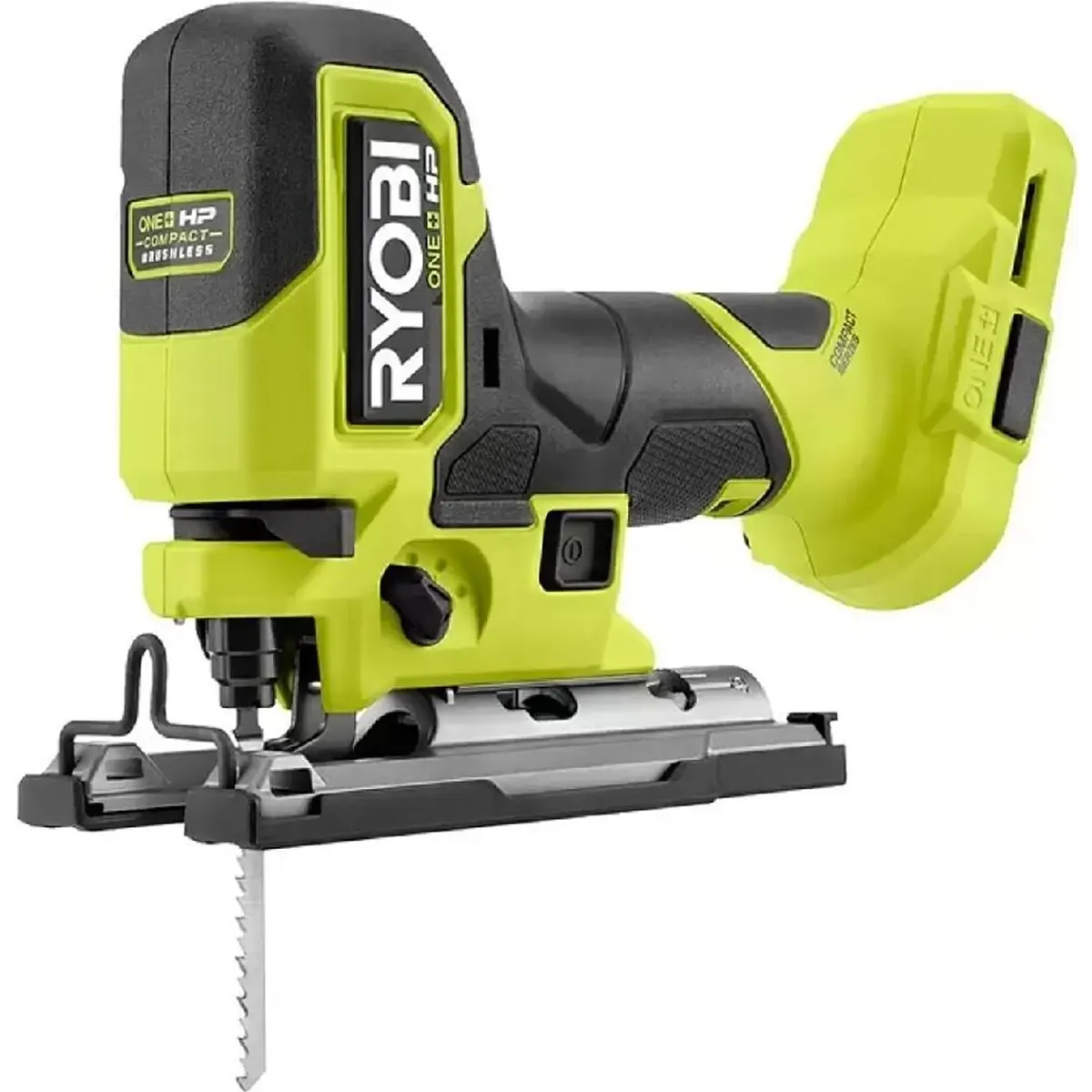 Die Ryobi 18V ONE+ HP Compact RJS18BX-0 Akku-Stichsäge in Grün, abgebildet ohne aufgesetzten Akku.
