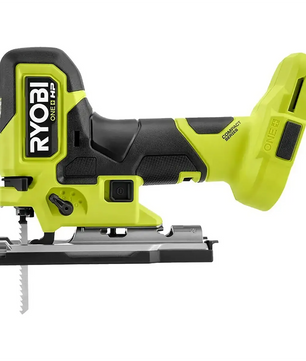 Die grüne Ryobi 18V ONE+ HP Compact RJS18BX-0 Akku-Stichsäge ist im Profil abgebildet, wobei das Sägeblatt und der Griff zu sehen sind.