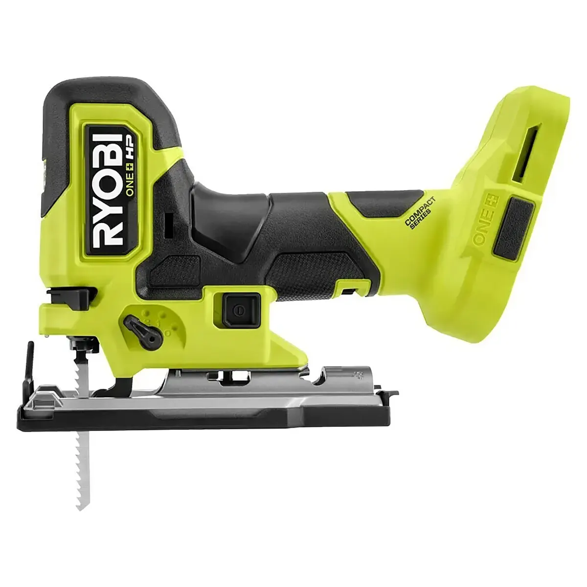 Die grüne Ryobi 18V ONE+ HP Compact RJS18BX-0 Akku-Stichsäge ist im Profil abgebildet, wobei das Sägeblatt und der Griff zu sehen sind.