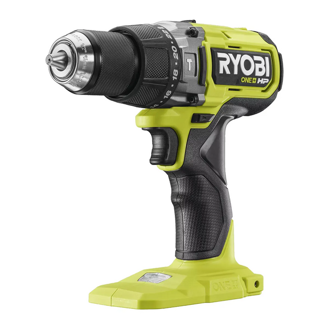 Der Ryobi RPD18X1-0 18V Akku-Schlagbohrschrauber in grün verfügt über einen bürstenlosen Motor und ein kabelloses Design, hier ohne den angeschlossenen Akku gezeigt.