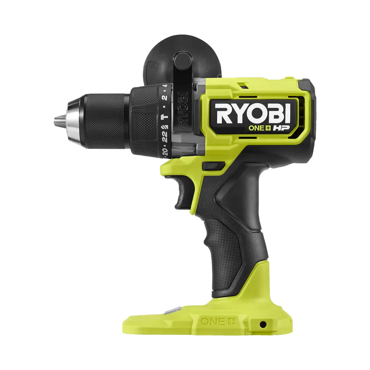 Ein grüner Ryobi RPD18X1-0 18 V Akku-Schlagbohrschrauber, von der Seite betrachtet.