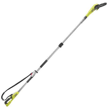 Der Ryobi RY18PP20A-0 Akku-Hochentaster in Grün verfügt über einen Teleskopstiel und ein kompaktes Kettensägeblatt am Ende, wodurch er sich perfekt für die Baumpflege eignet.