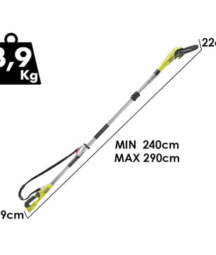 Der grüne Ryobi RY18PP20A-0 Akku-Hochentaster wiegt 3,9 kg, ist 240-290 cm lang, hat eine 22 cm lange Klinge, einen Griff, ein Kabel und ist 9 cm breit - ideal für die einfache Baumpflege.