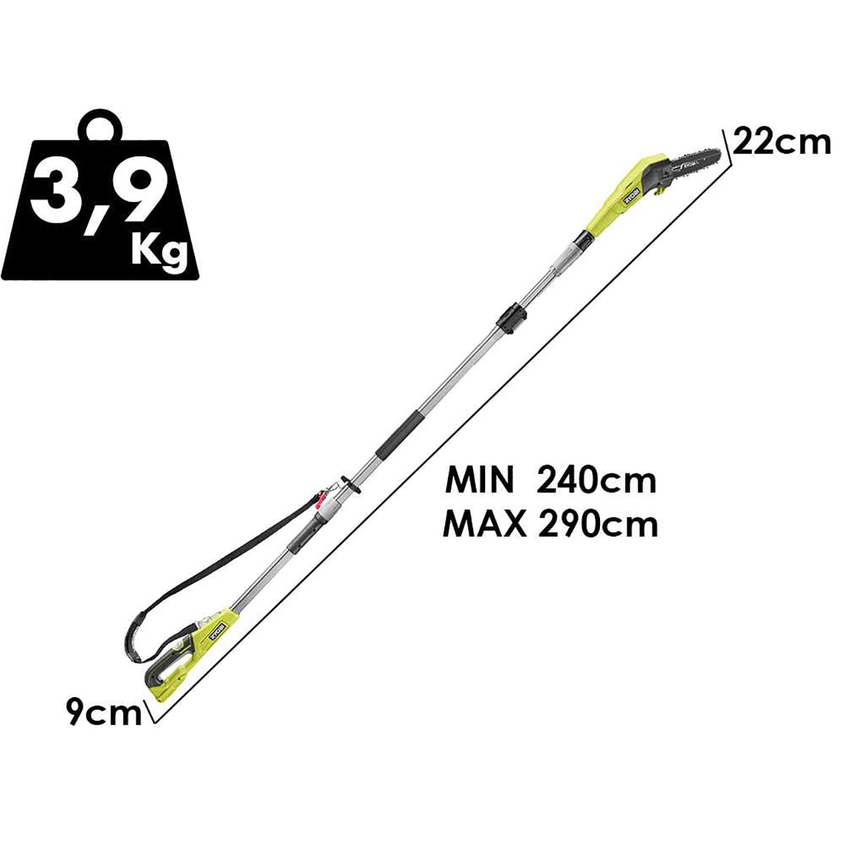 Der grüne Ryobi RY18PP20A-0 Akku-Hochentaster wiegt 3,9 kg, ist 240-290 cm lang, hat eine 22 cm lange Klinge, einen Griff, ein Kabel und ist 9 cm breit - ideal für die einfache Baumpflege.
