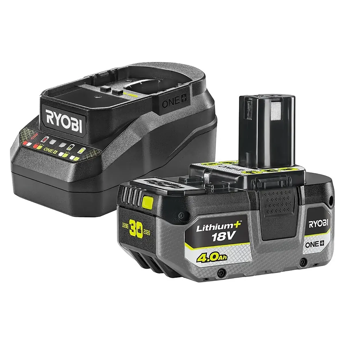 Das Ryobi RC18120B-140X ONE+ Starter-Set enthält einen grünen 4,0-Ah-Lithium-Akku und ein Ladegerät von Ryobi.