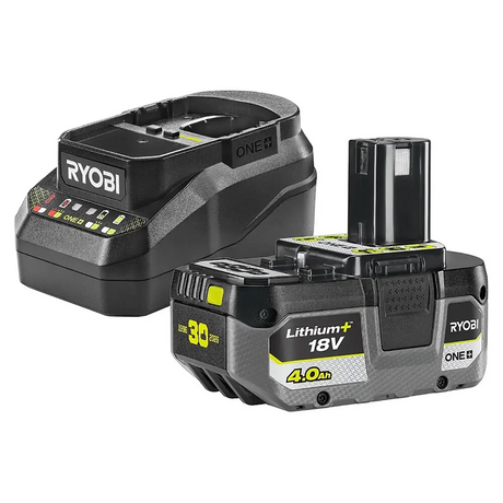 Das Ryobi RC18120B-140X ONE+ Starter-Set enthält einen grünen 4,0-Ah-Lithium-Akku und ein Ladegerät von Ryobi.