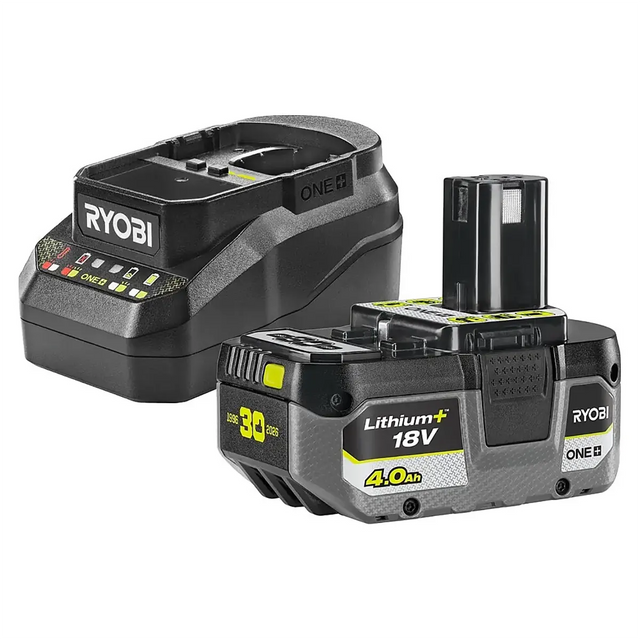 Das Ryobi RC18120B-140X ONE+ Starter-Set enthält einen grünen 4,0-Ah-Lithium-Akku und ein Ladegerät von Ryobi.
