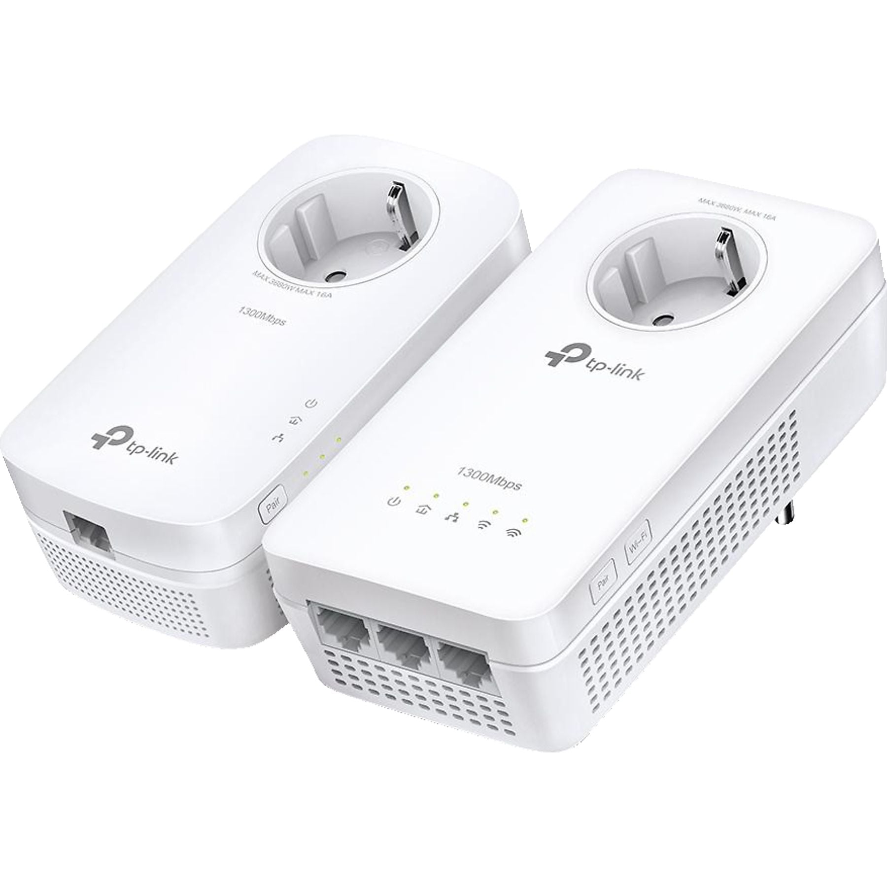 Zwei weiße TP-Link TL-WPA1300P Kit Powerline-Adapter mit Ethernet-Ports und Steckdosen auf der Oberseite, Seite an Seite - ideal für die Erweiterung Ihres Heimnetzwerks oder die Verbesserung der Konnektivität mit optionalem Dual-Band-WLAN.