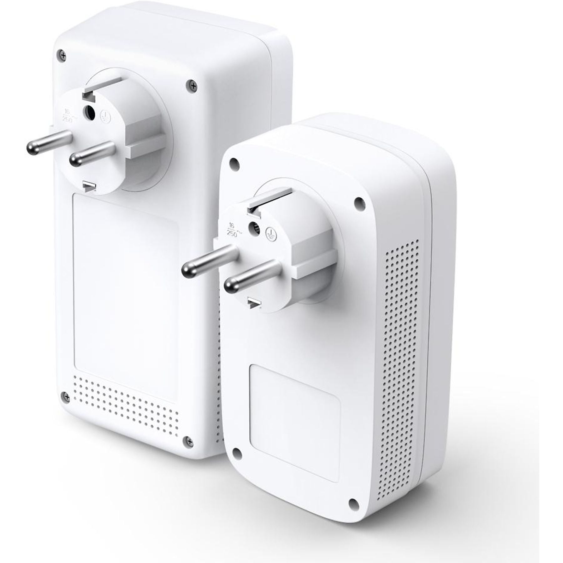 Zwei TP-Link TL-WPA1300P Kit Powerline-Adapter in Weiß mit europäischen Steckern, dargestellt von hinten und von der Seite auf weißem Hintergrund - perfekt für die Erweiterung Ihres Heimnetzwerks mit zuverlässiger TP-Link-Konnektivität.