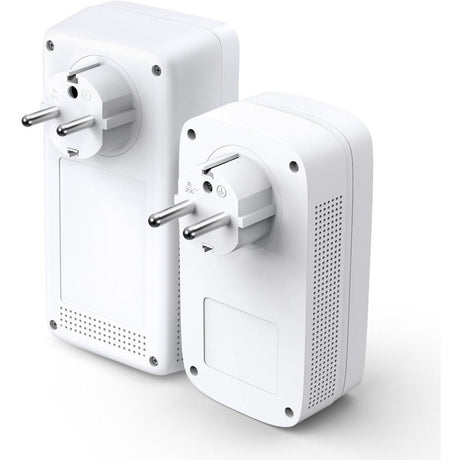 Zwei TP-Link TL-WPA1300P Kit Powerline-Adapter in Weiß mit europäischen Steckern, dargestellt von hinten und von der Seite auf weißem Hintergrund - perfekt für die Erweiterung Ihres Heimnetzwerks mit zuverlässiger TP-Link-Konnektivität.