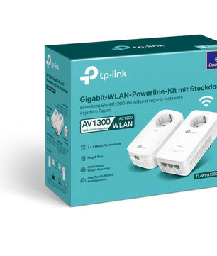 Das TP-Link TL-WPA1300P Kit Powerline - weiß box, gebrandet von TP-Link, hebt Dual-Band WLAN für ein stärkeres Heimnetzwerk hervor und verfügt über weiße Adapter, wie auf der Verpackung abgebildet.