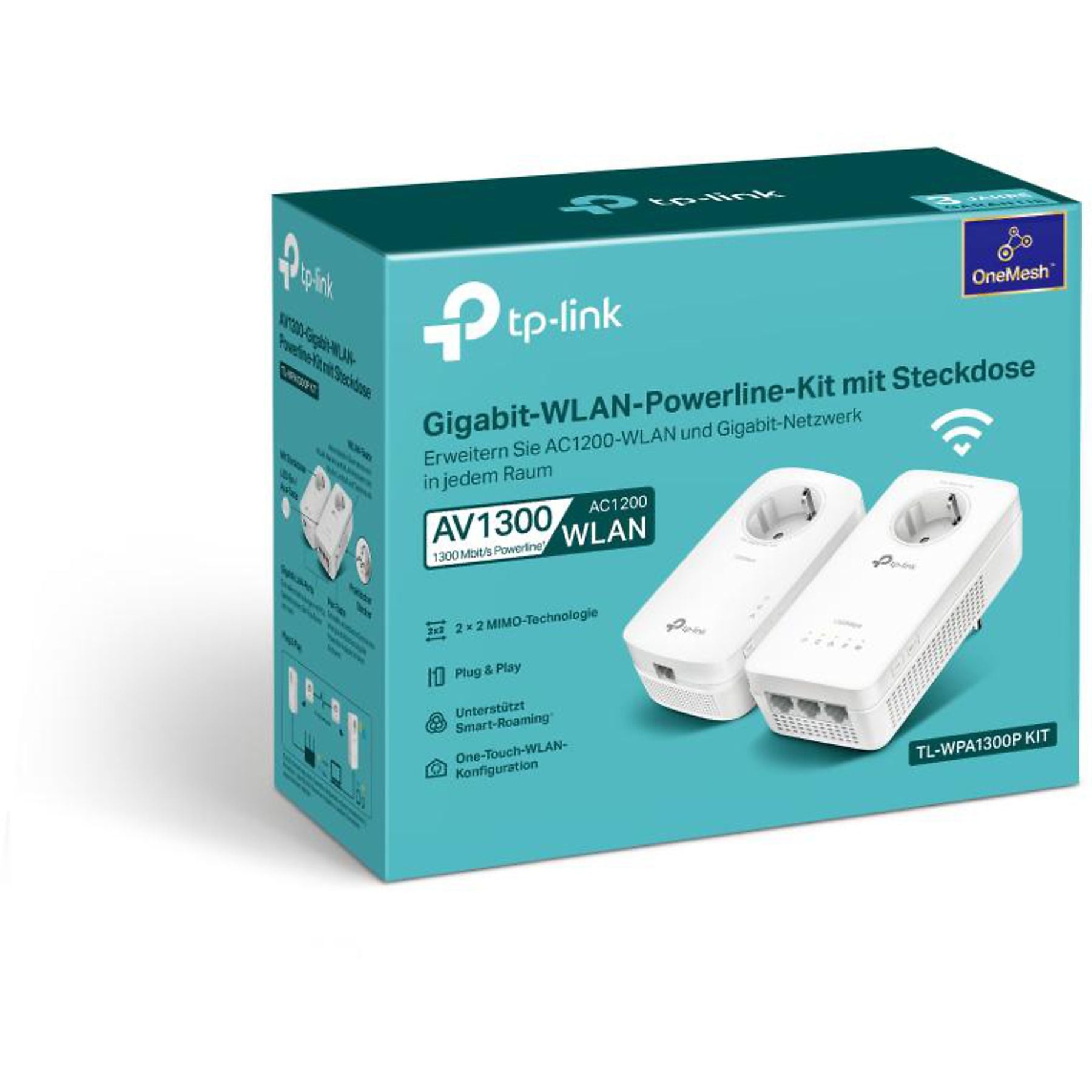 Das TP-Link TL-WPA1300P Kit Powerline - weiß box, gebrandet von TP-Link, hebt Dual-Band WLAN für ein stärkeres Heimnetzwerk hervor und verfügt über weiße Adapter, wie auf der Verpackung abgebildet.