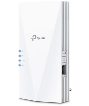 Weißer TP-Link RE3000X AX3000 WLAN-Repeater mit LED-Anzeigen, Ethernet-Anschluss und einer WPS-Taste an der Seite.