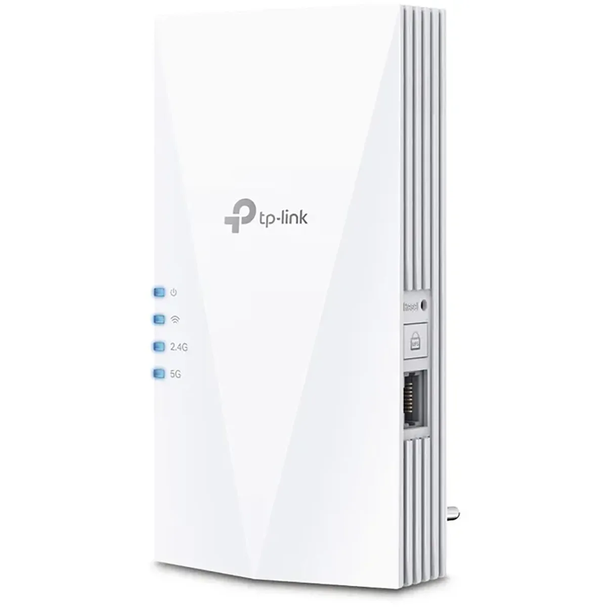 Weißer TP-Link RE3000X AX3000 WLAN-Repeater mit LED-Anzeigen, Ethernet-Anschluss und einer WPS-Taste an der Seite.