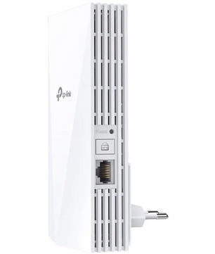 Der TP-Link RE3000X AX3000 WLAN-Repeater in Weiß, der Wi-Fi 6 unterstützt, über ein Steckdosen-Design verfügt und mit einem Ethernet-Anschluss ausgestattet ist, wird schräg dargestellt.