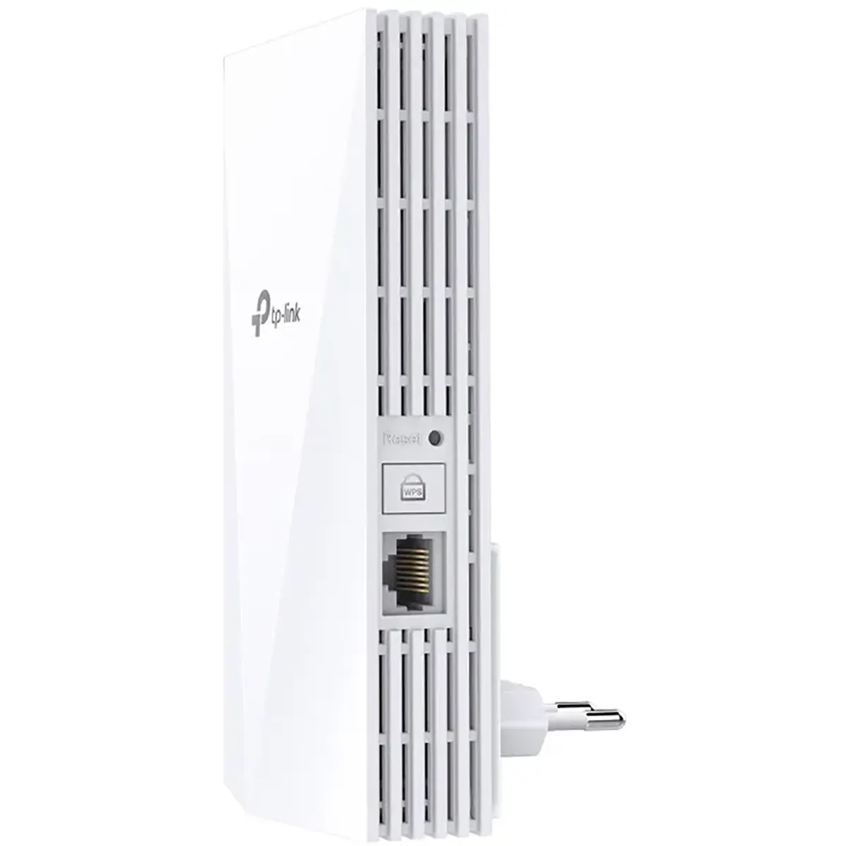 Der TP-Link RE3000X AX3000 WLAN-Repeater in Weiß, der Wi-Fi 6 unterstützt, über ein Steckdosen-Design verfügt und mit einem Ethernet-Anschluss ausgestattet ist, wird schräg dargestellt.