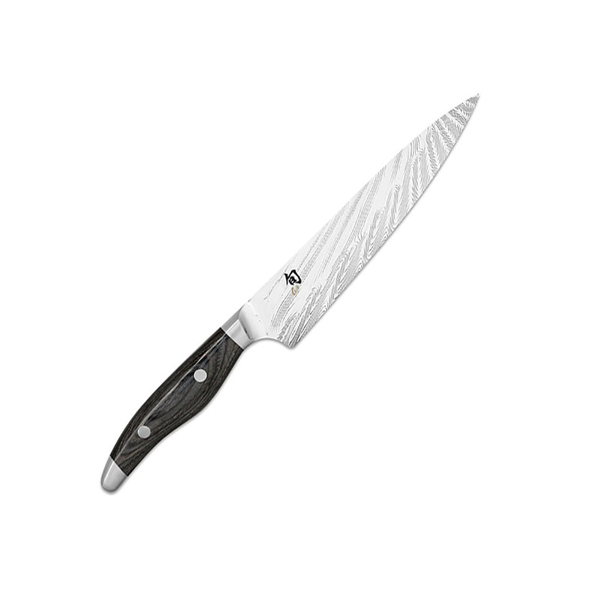 Das KAI Shun NDC-0701 Nagare Allzweckmesser von KAI verfügt über eine gemusterte Klinge und einen Griff aus dunklem Holz und ist hier isoliert vor einem weißen Hintergrund abgebildet.