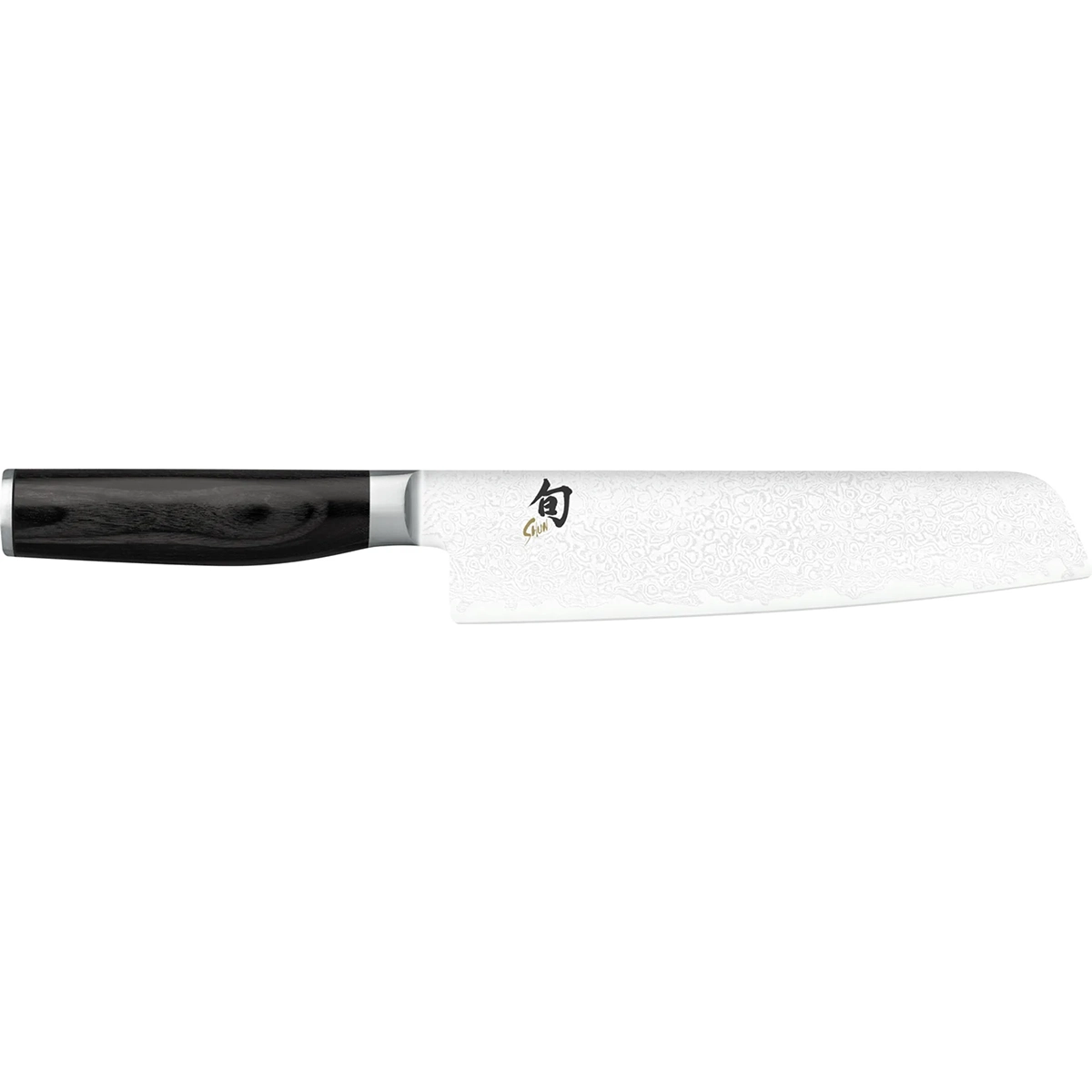 Das KAI Shun Premier Tim Mälzer Minamo Santokumesser – schwarz ist ein Küchenmesser im japanischen Stil mit schwarzem Griff und gemusterter silberner Klinge, inspiriert von der Shun Premier-Serie von KAI.