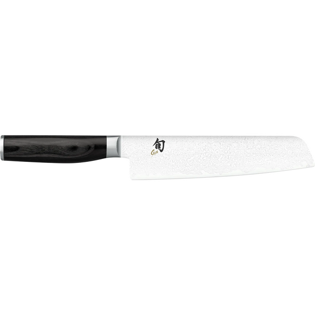 Das KAI Shun Premier Tim Mälzer Minamo Santokumesser – schwarz ist ein Küchenmesser im japanischen Stil mit schwarzem Griff und gemusterter silberner Klinge, inspiriert von der Shun Premier-Serie von KAI.