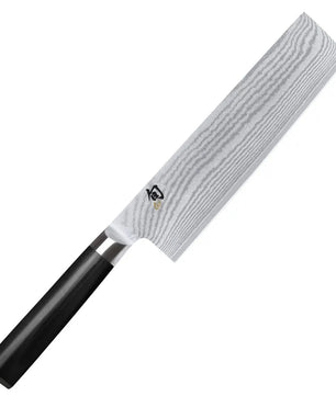 Das KAI Shun DM-0728 Nakiri – schwarz ist ein Küchenmesser im japanischen Stil mit schwarzem Griff und einer breiten, gemusterten Klinge – ideal zum Schneiden von Gemüse.