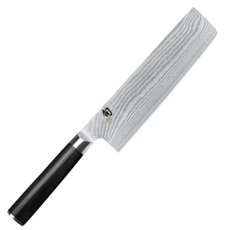 Das KAI Shun DM-0728 Nakiri – schwarz ist ein Küchenmesser im japanischen Stil mit schwarzem Griff und einer breiten, gemusterten Klinge – ideal zum Schneiden von Gemüse.