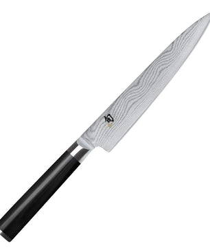 Das KAI Shun DM-0701 Allzweckmesser von KAI verfügt über eine gemusterte Damastklinge und einen braunen Griff, die vor einem weißen Hintergrund präsentiert werden.
