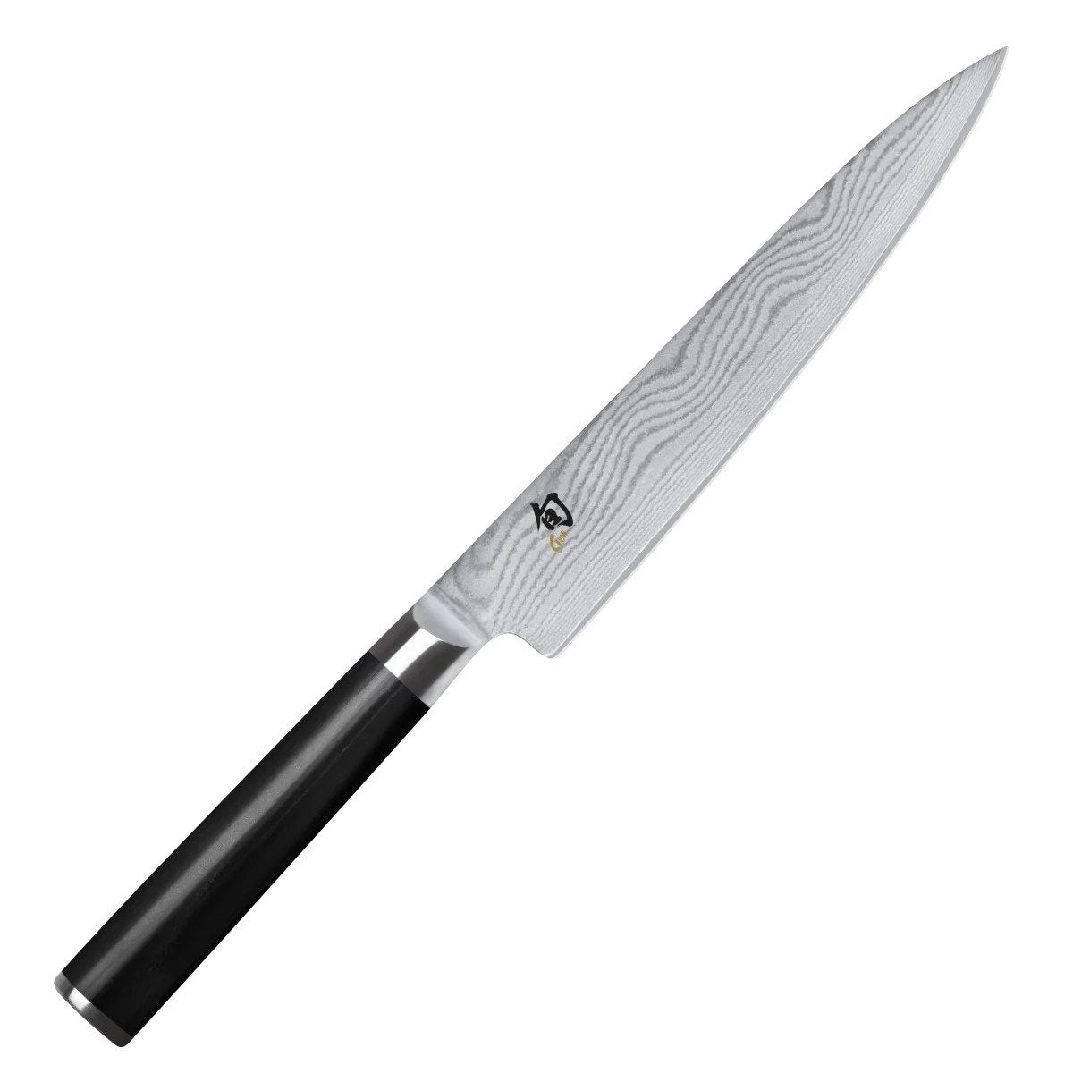 Das KAI Shun DM-0701 Allzweckmesser von KAI verfügt über eine gemusterte Damastklinge und einen braunen Griff, die vor einem weißen Hintergrund präsentiert werden.