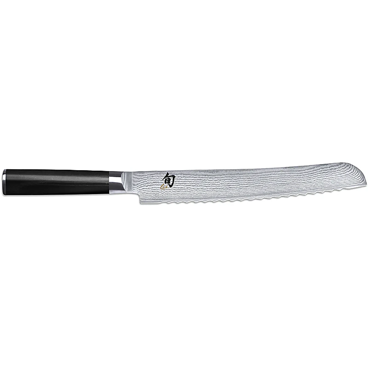 Das KAI Shun DM-0705 Brotmesser – schwarz verfügt über eine Klinge aus Damaszener-Stahl mit Wellenschliff und einen schwarzen Griff, abgebildet auf weißem Hintergrund. Marke: KAI.