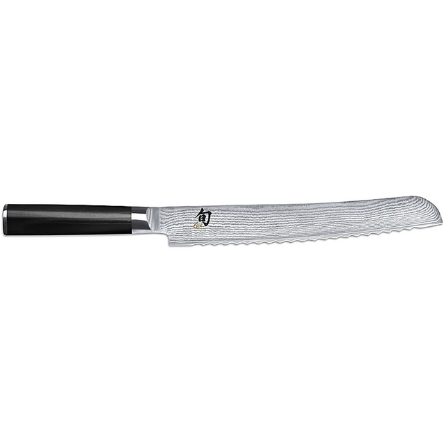 Das KAI Shun DM-0705 Brotmesser – schwarz verfügt über eine Klinge aus Damaszener-Stahl mit Wellenschliff und einen schwarzen Griff, abgebildet auf weißem Hintergrund. Marke: KAI.