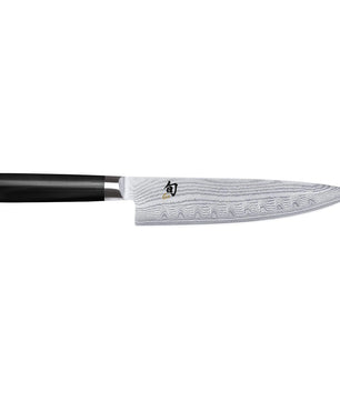 Das KAI DM-0719 Shun Kochmesser von KAI besticht durch eine gemusterte Klinge und einen schwarzen Griff, abgebildet vor weißem Hintergrund – dieses japanische Kochmesser vereint Eleganz und Präzision für jede Küche.