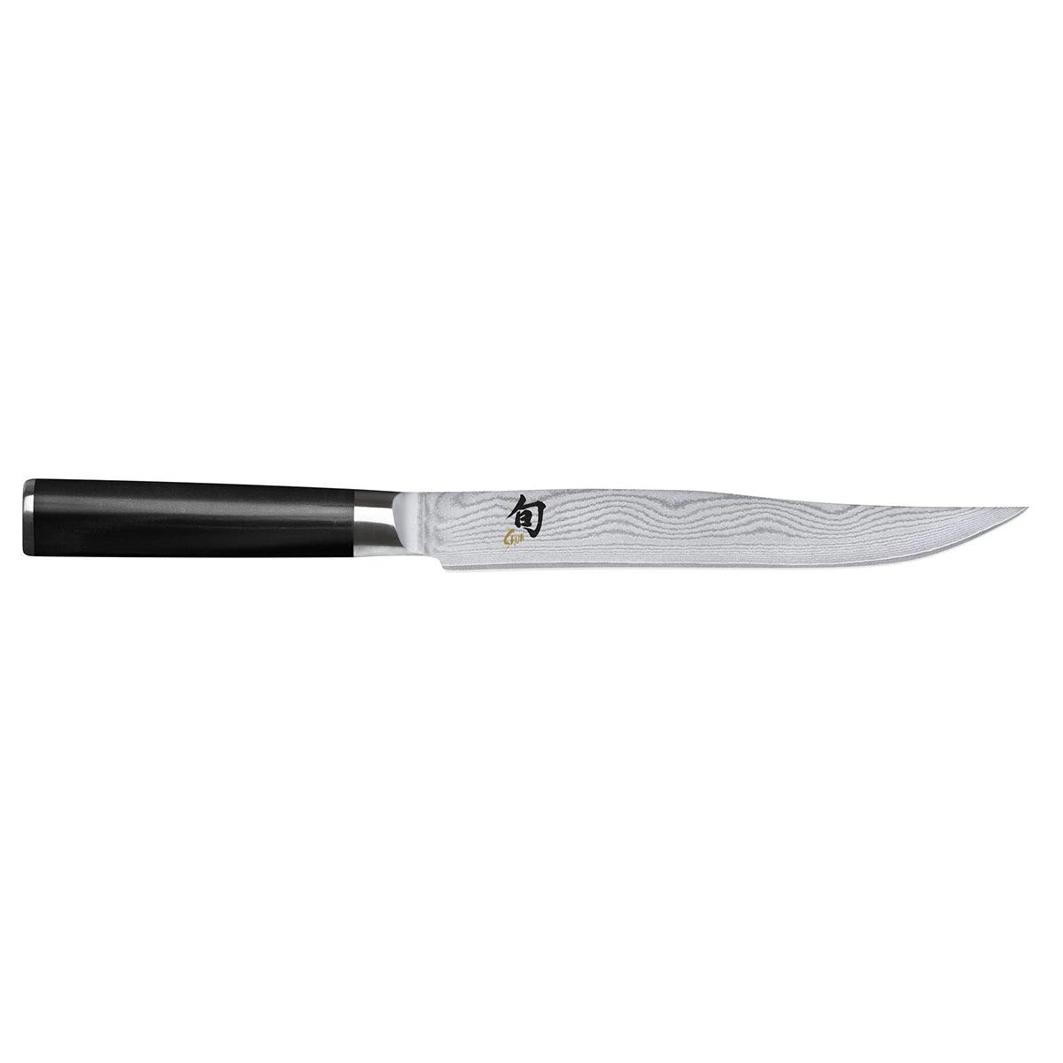 Das KAI DMS-200 Shun Tranchierset in Schwarz verfügt über eine lange, schmale Klinge aus Damaststahl mit aufwendigen Mustern und eignet sich perfekt für präzises Schneiden – hergestellt von der renommierten Marke KAI.