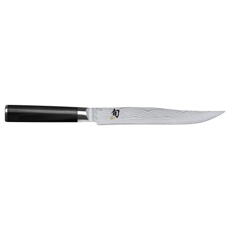Das KAI DMS-200 Shun Tranchierset in Schwarz verfügt über eine lange, schmale Klinge aus Damaststahl mit aufwendigen Mustern und eignet sich perfekt für präzises Schneiden – hergestellt von der renommierten Marke KAI.