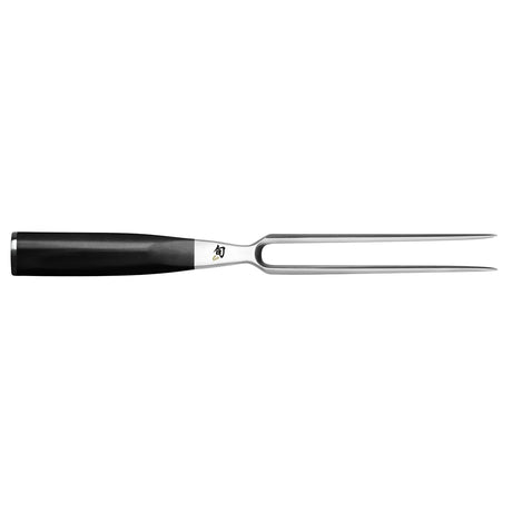 Das KAI DMS-200 Shun Tranchierset – schwarz enthält eine elegante Tranchiergabel aus Edelstahl mit schwarzem Griff und scharfen Zinken, die sich ideal für die Verwendung mit Ihrem Damaststahl-Tranchiermesser eignet.
