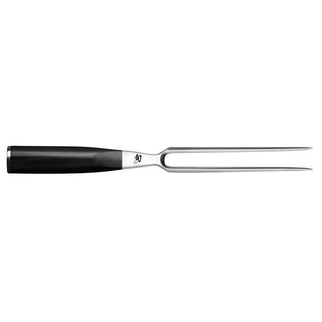 Das KAI DMS-200 Shun Tranchierset – schwarz enthält eine elegante Tranchiergabel aus Edelstahl mit schwarzem Griff und scharfen Zinken, die sich ideal für die Verwendung mit Ihrem Damaststahl-Tranchiermesser eignet.