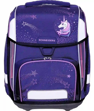 Das 9-teilige Schneiders Ergolite "Flashlight" Schulranzen-Set mit Einhorn- und Sternschnuppen-Design, LED Leuchtstäben, Fronttasche und Schneiders Logo sorgt für Ergonomie und Sichtbarkeit.