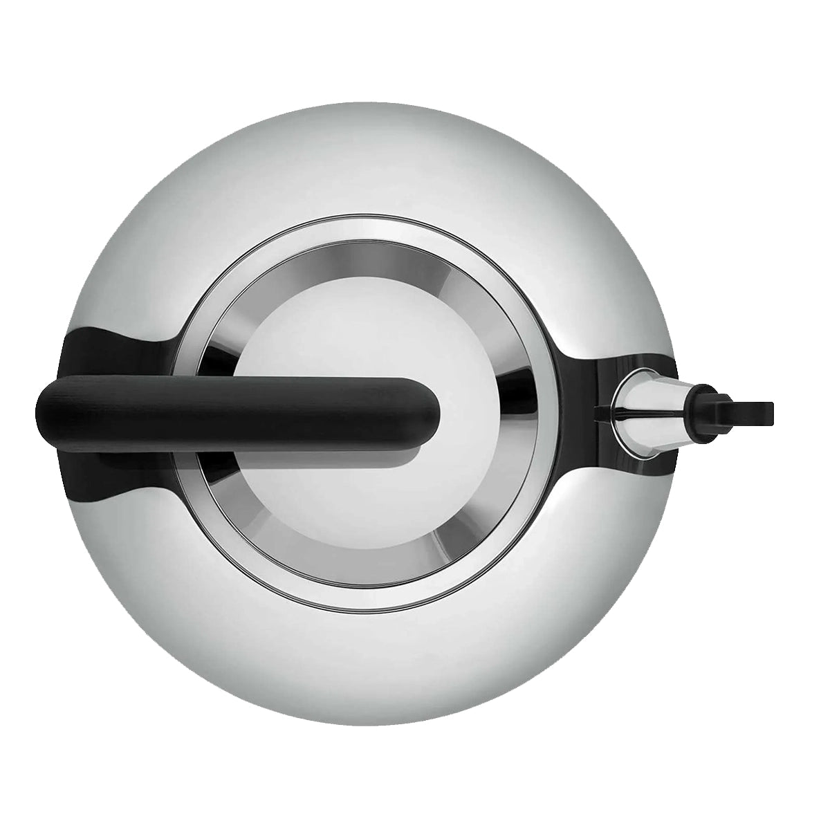 Draufsicht auf den Alessi Bulbul Kettle AC100, einen modernen Wasserkocher aus Edelstahl mit schwarzem Griff und Ausguss von Alessi, inspiriert von der Designikone Achille Castiglioni, auf weißem Hintergrund.