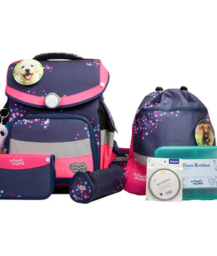 Das School-Mood Timeless Pro Schulranzen-Set 7-teilig "Leni" zeichnet sich durch ein marineblaues und rosafarbenes Sternenmuster, niedliche Akzente im Hundegesicht, passende Taschen, eine Lunchbox und einen ergonomischen Schulrucksack von School-Mood aus.
