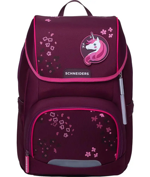 Das Schneiders Ergojet Schulranzen-Set 6-teilig - Floral Fantasy besticht durch sein kastanienbraunes Design mit rosafarbenem Rand, Einhorngrafik, Blumenmustern und dem Schneiders-Logo - eine Kombination aus Stil und Komfort für die Schule.