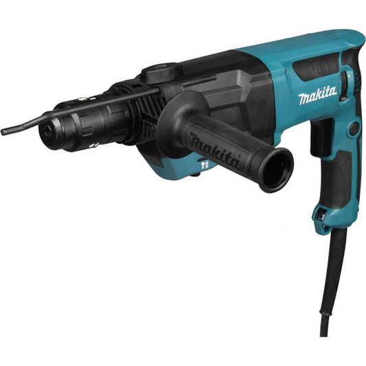 Der Makita Kombihammer HR2670FTX1 verfügt über ein blau-schwarzes Design, einen seitlichen Griff, ein Kabel und einen 800-Watt-Motor für starke Leistung.