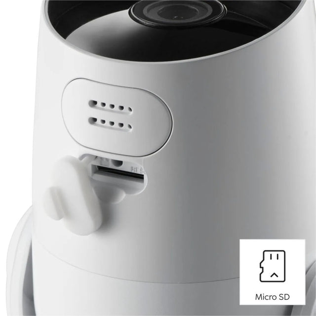 Nahaufnahme der Hama WLAN-Außenkamera Full HD - IP65 Überwachungskamera in Weiß, mit einem Micro-SD-Kartensteckplatz und einer Abbildung einer Micro-SD-Karte in der Nähe.