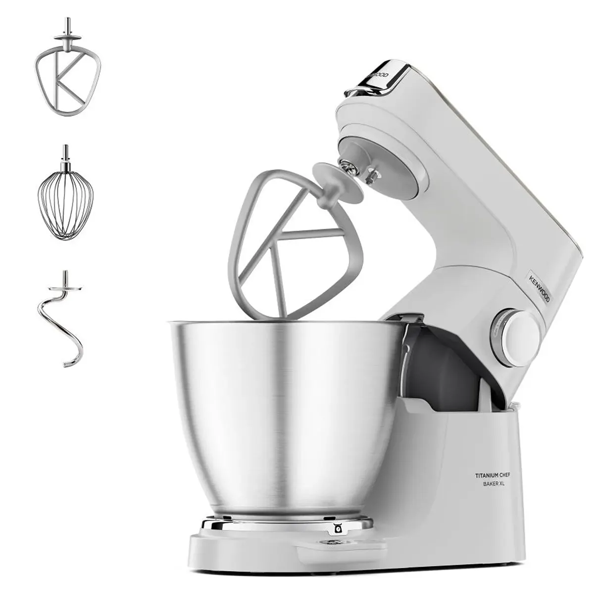 Die Küchenmaschine „Kenwood Titanium Chef Baker XL KVL65.001WH“ in Silber ist auf dem Bild mit Schneebesen, Knethaken und Flachrührer abgebildet.