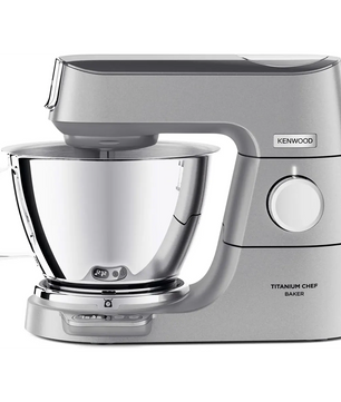 Die Küchenmaschine „Kenwood Titanium Chef Baker KVC85.314SI“ in Silber verfügt über eine geräumige Rührschüssel aus Edelstahl, eine integrierte EasyWeigh-Waage für präzise Messungen und einen intuitiv zu bedienenden Drehregler.